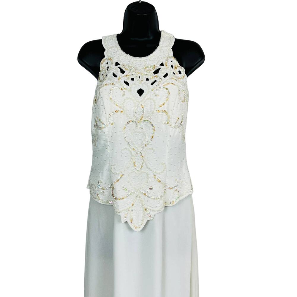Karen Miller Beaded Gown Wedding Maxi Halter Cutout Neckline Ivory - 8